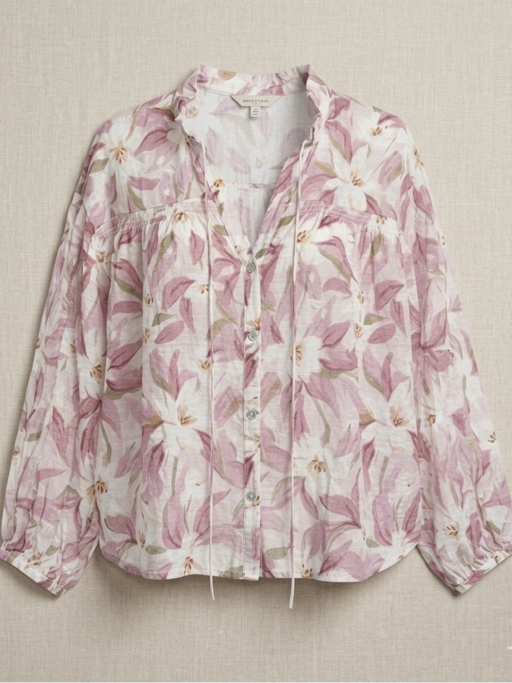 Color Block Floral Blouse Medium | Pink White Tencel Tie Neck Button Front